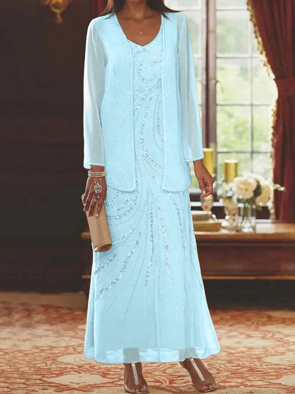 Vestidos de madre de la novia con escote en V, largo hasta los tobillos, con corte tubo/columna, chaqueta y lentejuelas