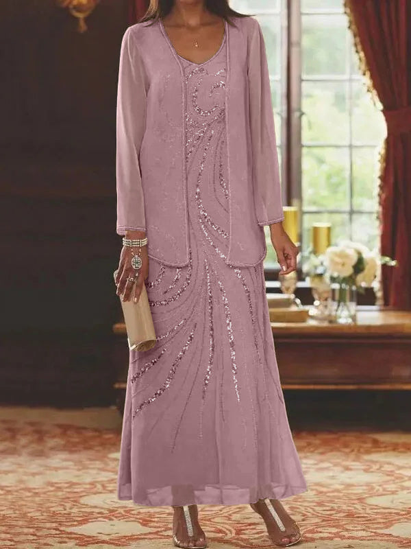 Vestidos de madre de la novia con escote en V, largo hasta los tobillos, con corte tubo/columna, chaqueta y lentejuelas