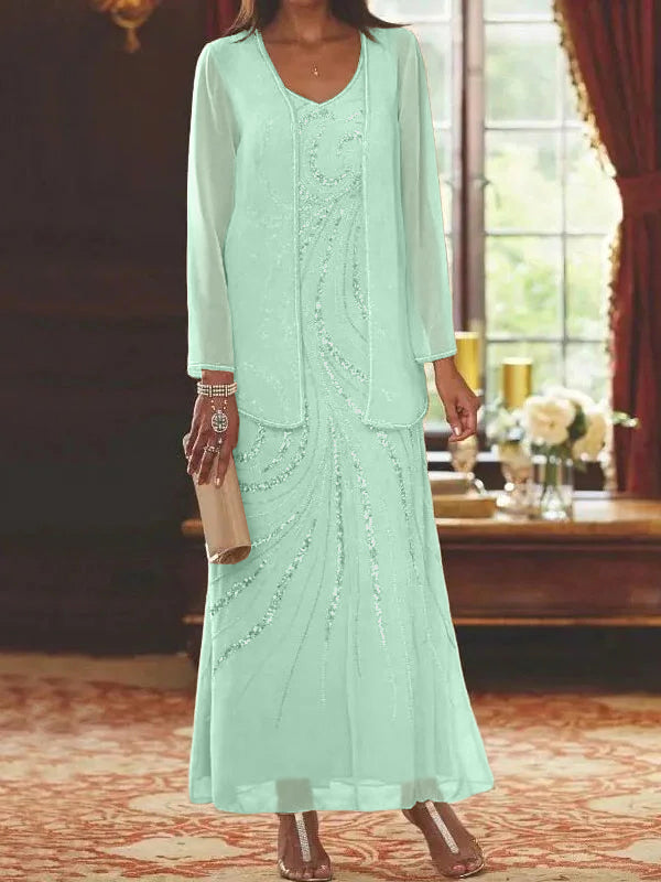 Vestidos de madre de la novia con escote en V, largo hasta los tobillos, con corte tubo/columna, chaqueta y lentejuelas