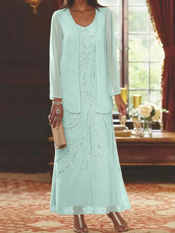 Vestidos de madre de la novia con escote en V, largo hasta los tobillos, con corte tubo/columna, chaqueta y lentejuelas