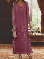 Vestidos de madre de la novia con escote en V, largo hasta los tobillos, con corte tubo/columna, chaqueta y lentejuelas