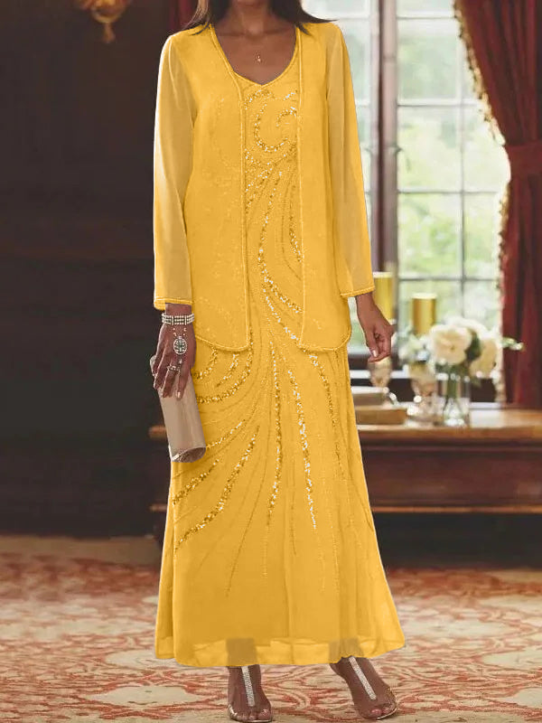 Vestidos de madre de la novia con escote en V, largo hasta los tobillos, con corte tubo/columna, chaqueta y lentejuelas