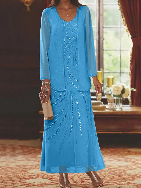 Vestidos de madre de la novia con escote en V, largo hasta los tobillos, con corte tubo/columna, chaqueta y lentejuelas