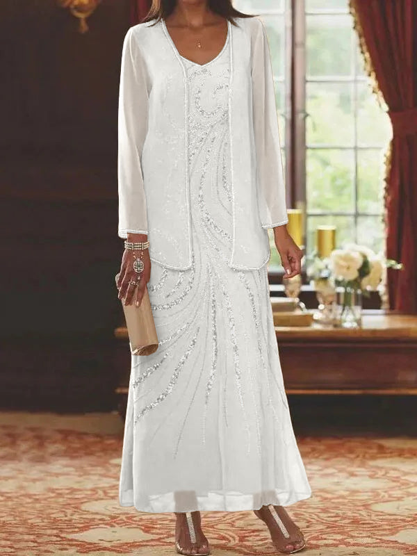 Vestidos de madre de la novia con escote en V, largo hasta los tobillos, con corte tubo/columna, chaqueta y lentejuelas