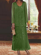 Vestidos de madre de la novia con escote en V, largo hasta los tobillos, con corte tubo/columna, chaqueta y lentejuelas
