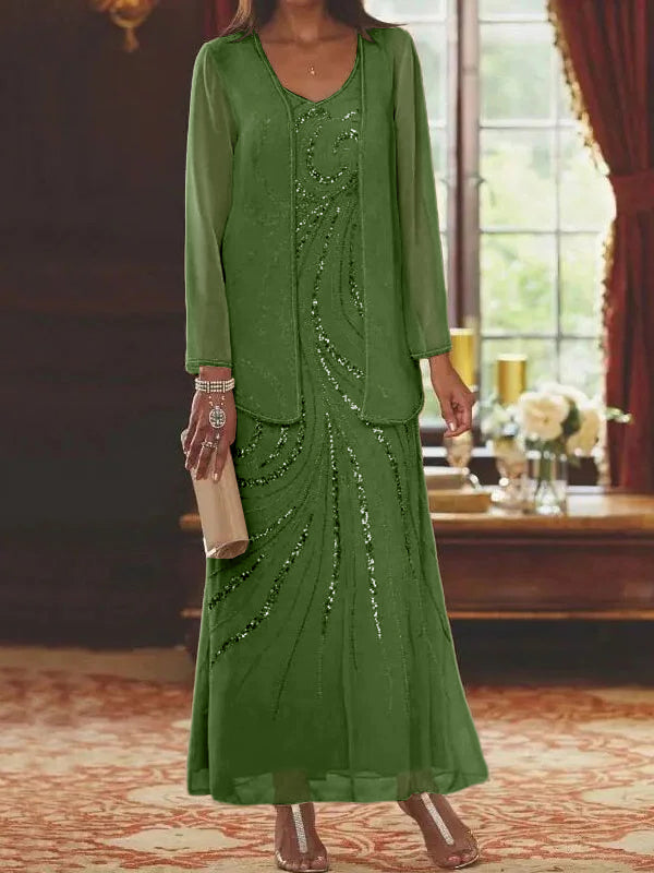 Vestidos de madre de la novia con escote en V, largo hasta los tobillos, con corte tubo/columna, chaqueta y lentejuelas