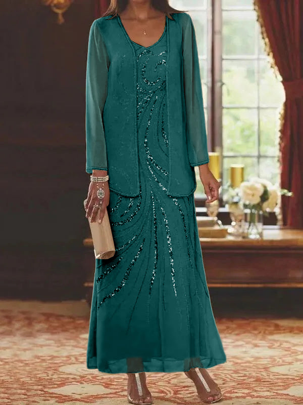 Vestidos de madre de la novia con escote en V, largo hasta los tobillos, con corte tubo/columna, chaqueta y lentejuelas