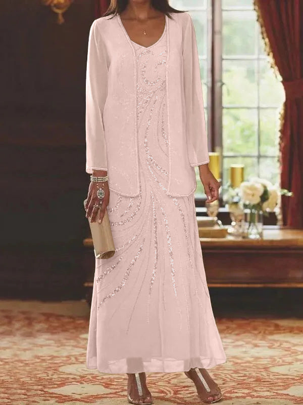 Vestidos de madre de la novia con escote en V, largo hasta los tobillos, con corte tubo/columna, chaqueta y lentejuelas