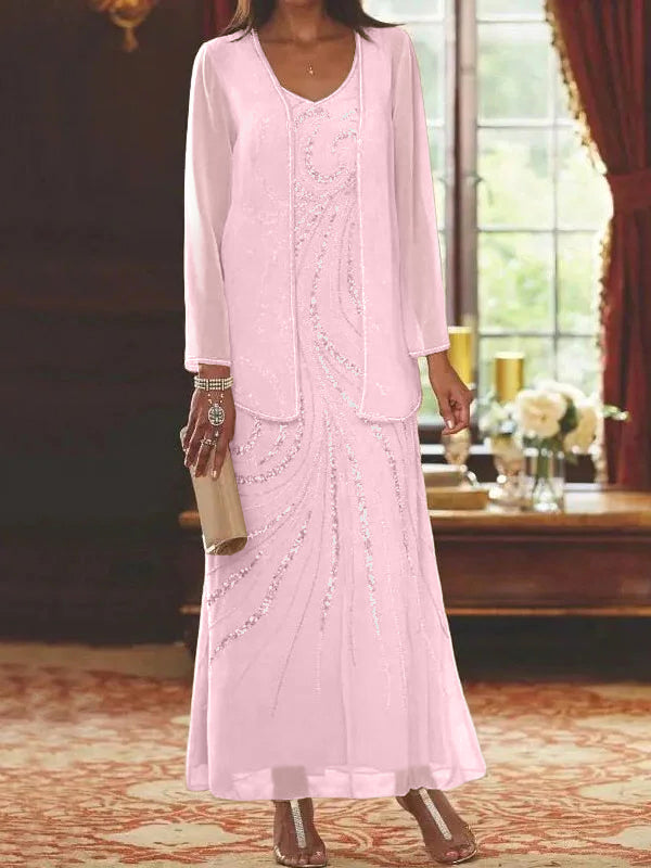 Vestidos de madre de la novia con escote en V, largo hasta los tobillos, con corte tubo/columna, chaqueta y lentejuelas