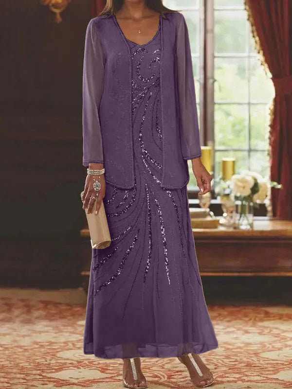 Vestidos de madre de la novia con escote en V, largo hasta los tobillos, con corte tubo/columna, chaqueta y lentejuelas