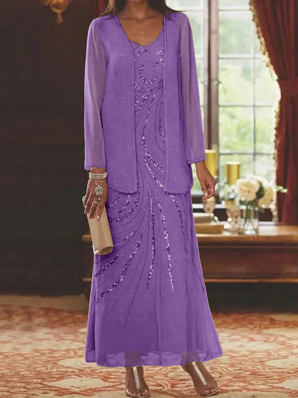Vestidos de madre de la novia con escote en V, largo hasta los tobillos, con corte tubo/columna, chaqueta y lentejuelas
