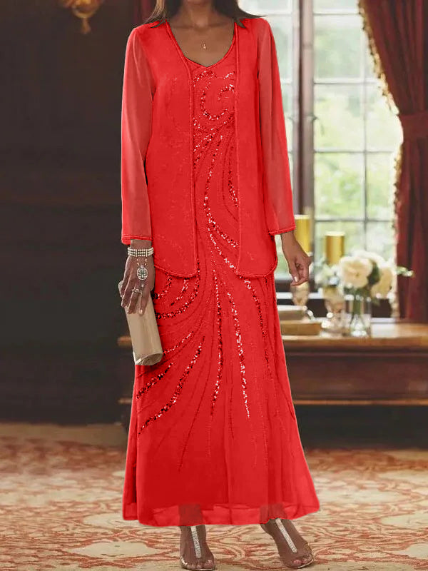 Vestidos de madre de la novia con escote en V, largo hasta los tobillos, con corte tubo/columna, chaqueta y lentejuelas