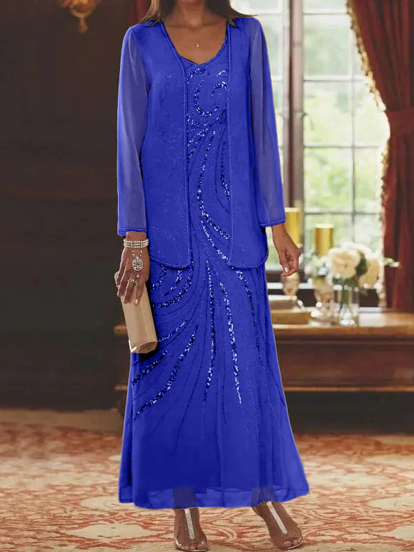 Vestidos de madre de la novia con escote en V, largo hasta los tobillos, con corte tubo/columna, chaqueta y lentejuelas