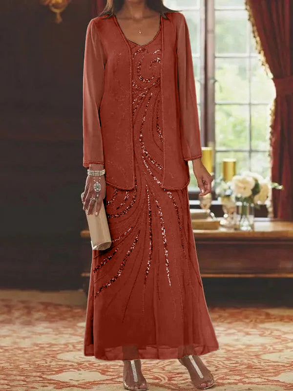 Vestidos de madre de la novia con escote en V, largo hasta los tobillos, con corte tubo/columna, chaqueta y lentejuelas