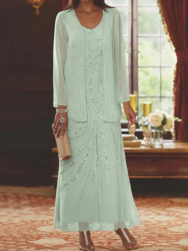 Vestidos de madre de la novia con escote en V, largo hasta los tobillos, con corte tubo/columna, chaqueta y lentejuelas