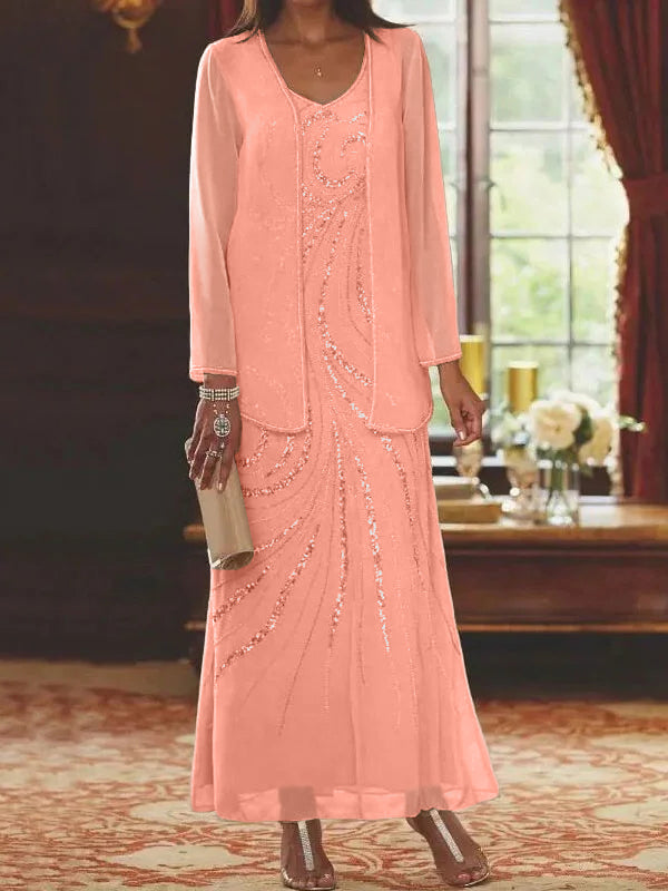 Vestidos de madre de la novia con escote en V, largo hasta los tobillos, con corte tubo/columna, chaqueta y lentejuelas