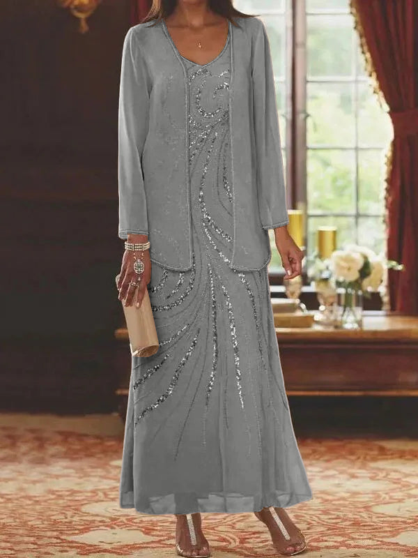 Vestidos de madre de la novia con escote en V, largo hasta los tobillos, con corte tubo/columna, chaqueta y lentejuelas