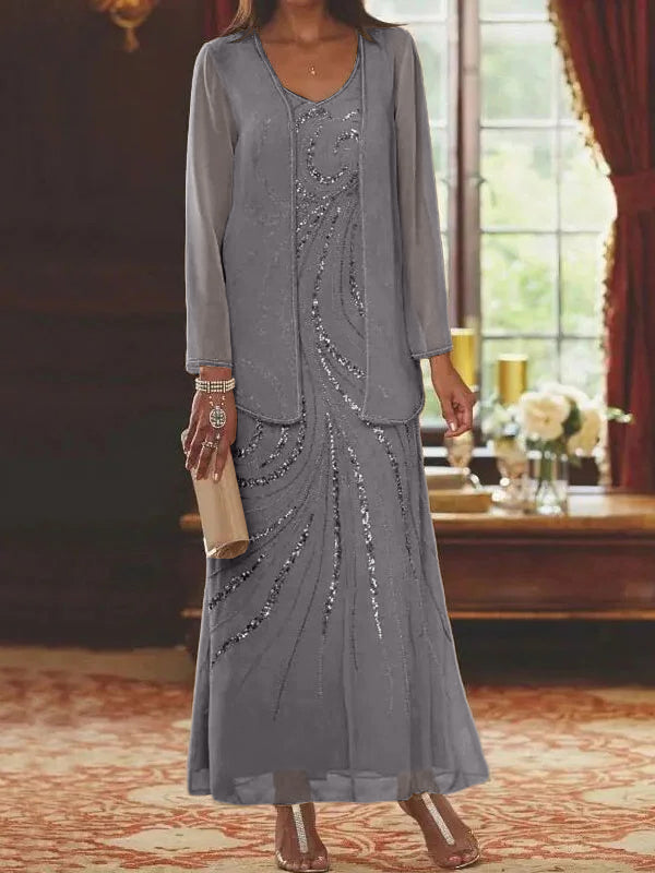 Vestidos de madre de la novia con escote en V, largo hasta los tobillos, con corte tubo/columna, chaqueta y lentejuelas