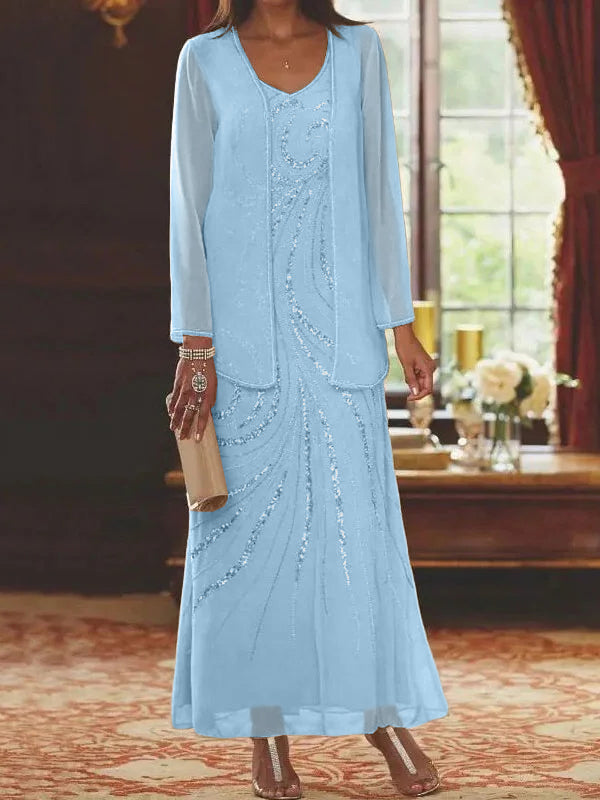 Vestidos de madre de la novia con escote en V, largo hasta los tobillos, con corte tubo/columna, chaqueta y lentejuelas
