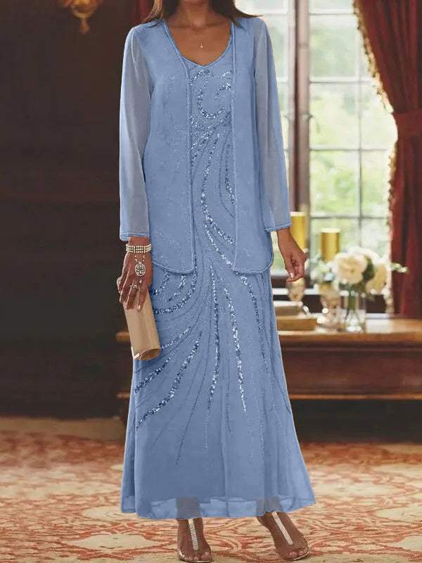 Vestidos de madre de la novia con escote en V, largo hasta los tobillos, con corte tubo/columna, chaqueta y lentejuelas