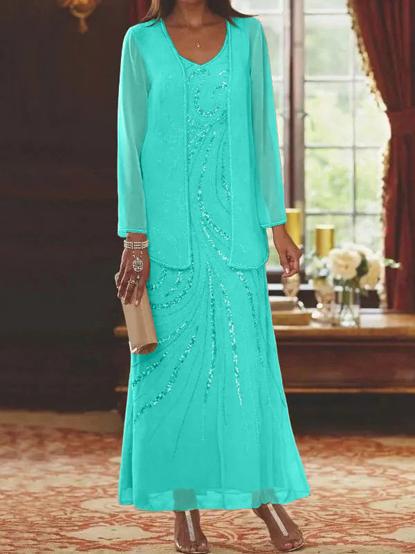 Vestidos de madre de la novia con escote en V, largo hasta los tobillos, con corte tubo/columna, chaqueta y lentejuelas