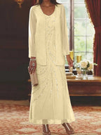Vestidos de madre de la novia con escote en V, largo hasta los tobillos, con corte tubo/columna, chaqueta y lentejuelas