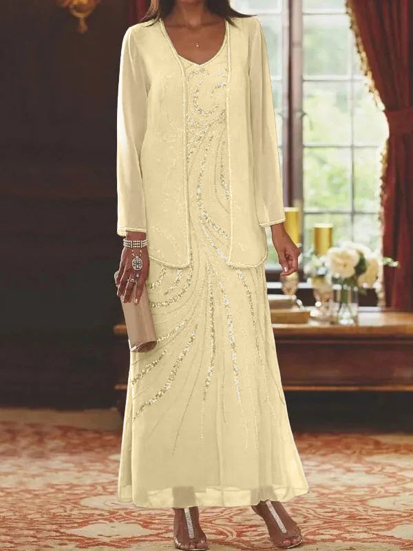Vestidos de madre de la novia con escote en V, largo hasta los tobillos, con corte tubo/columna, chaqueta y lentejuelas