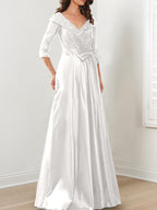 Vestidos de madre de la novia de corte A/princesa, escote en V y largo hasta el suelo