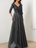 Vestidos de madre de la novia de corte A/princesa, escote en V y largo hasta el suelo