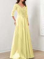 Vestidos de madre de la novia de corte A/princesa, escote en V y largo hasta el suelo