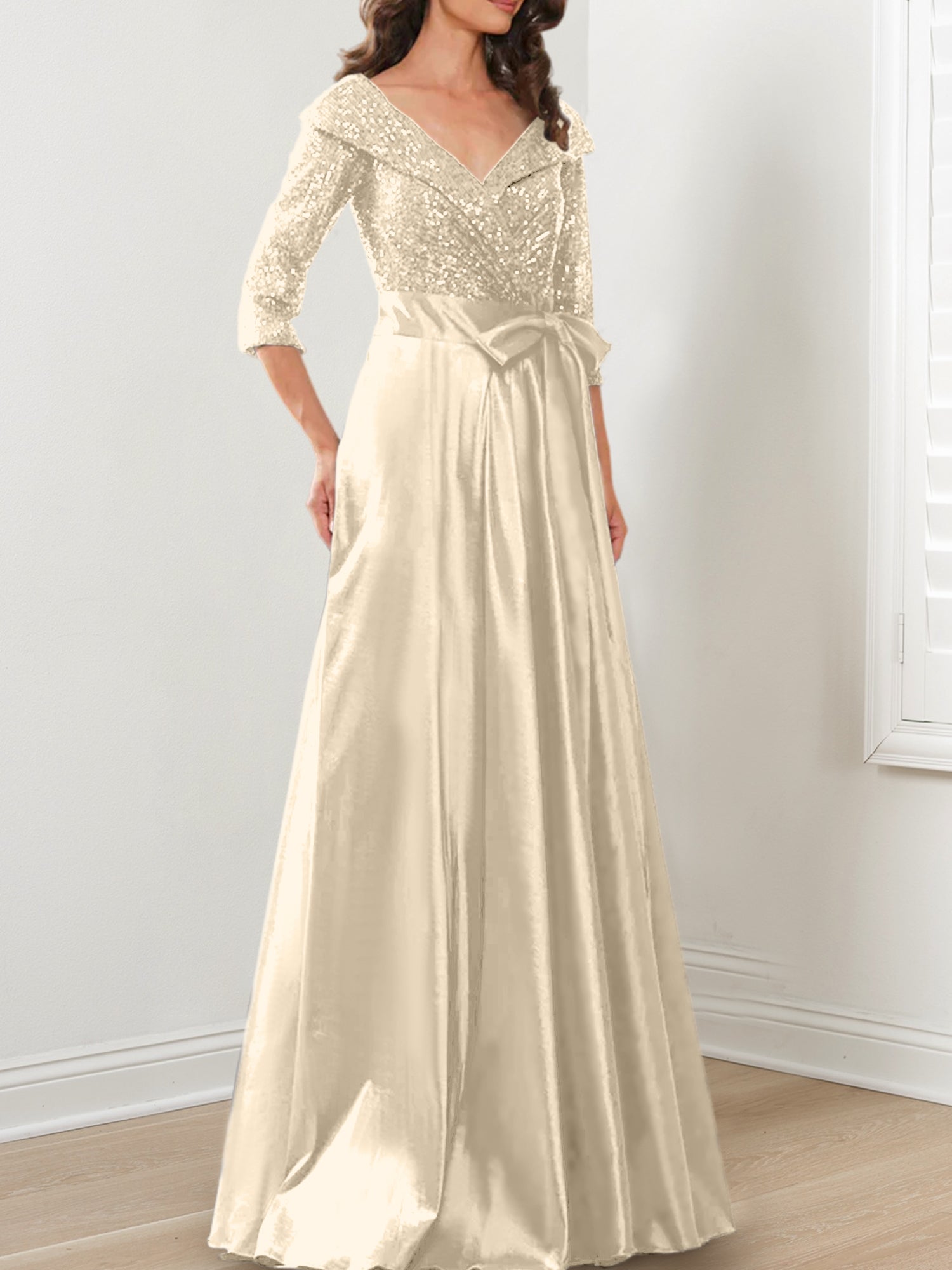 Vestidos de madre de la novia de corte A/princesa, escote en V y largo hasta el suelo
