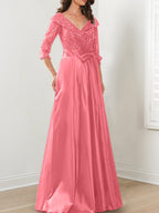Vestidos de madre de la novia de corte A/princesa, escote en V y largo hasta el suelo