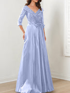 Vestidos de madre de la novia de corte A/princesa, escote en V y largo hasta el suelo