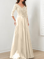 Vestidos de madre de la novia de corte A/princesa, escote en V y largo hasta el suelo