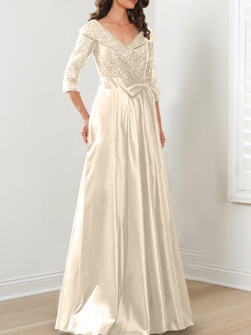 Vestidos de madre de la novia de corte A/princesa, escote en V y largo hasta el suelo
