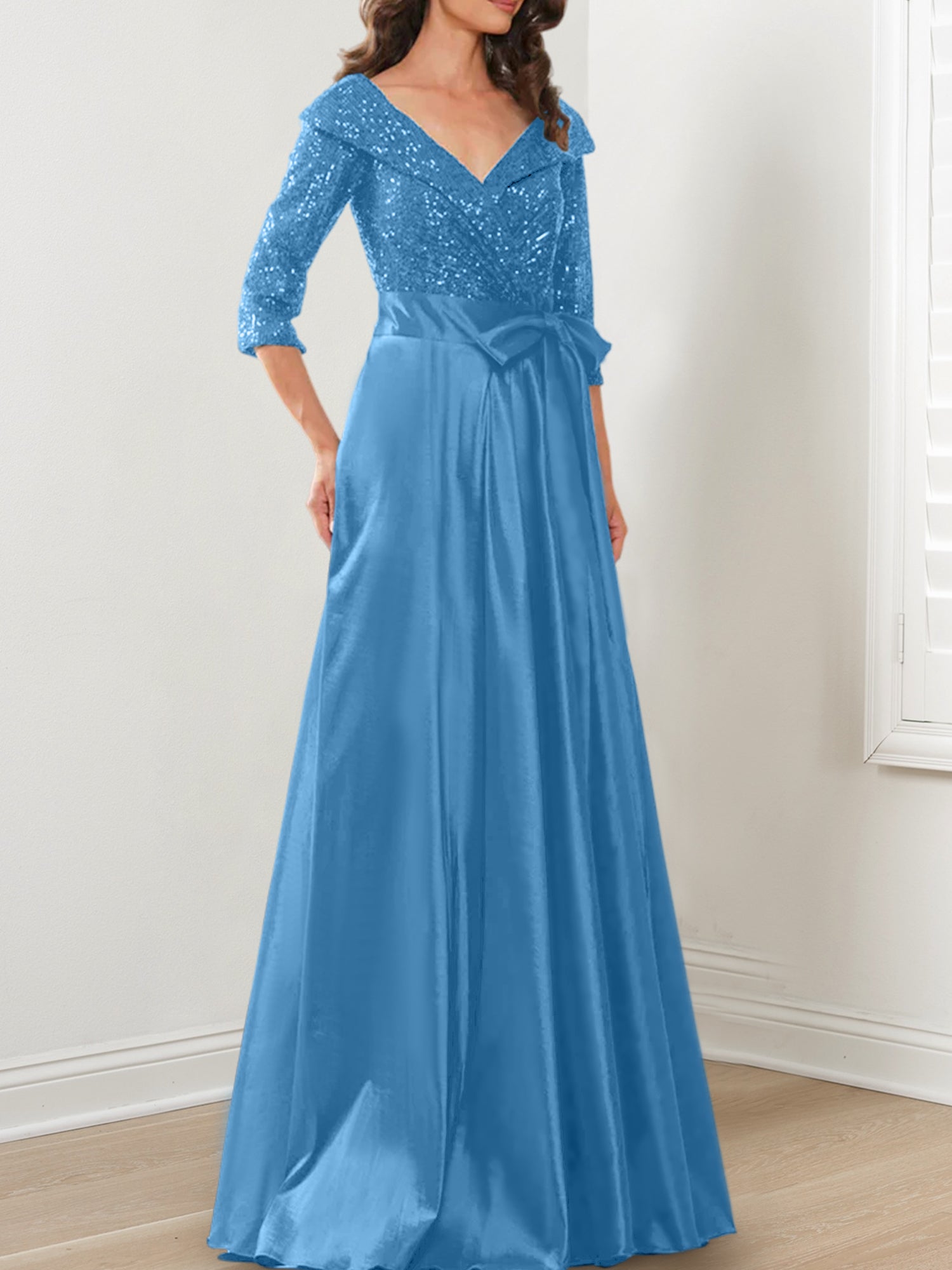 Vestidos de madre de la novia de corte A/princesa, escote en V y largo hasta el suelo