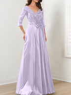 Vestidos de madre de la novia de corte A/princesa, escote en V y largo hasta el suelo