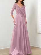 Vestidos de madre de la novia de corte A/princesa, escote en V y largo hasta el suelo
