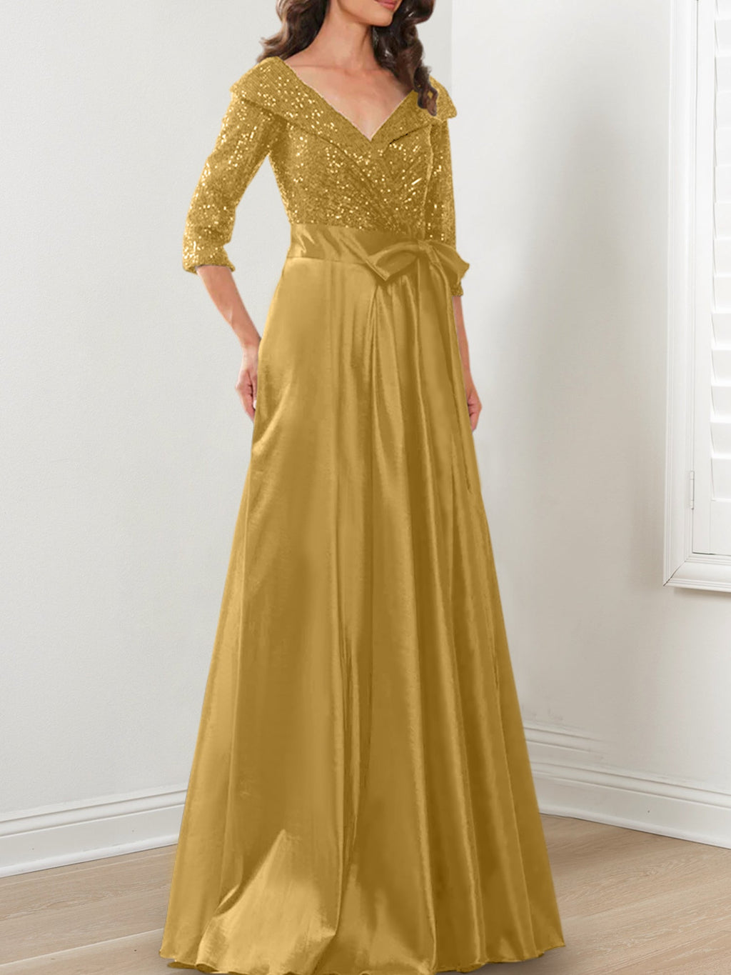 Vestidos de madre de la novia de corte A/princesa, escote en V y largo hasta el suelo
