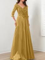 Vestidos de madre de la novia de corte A/princesa, escote en V y largo hasta el suelo