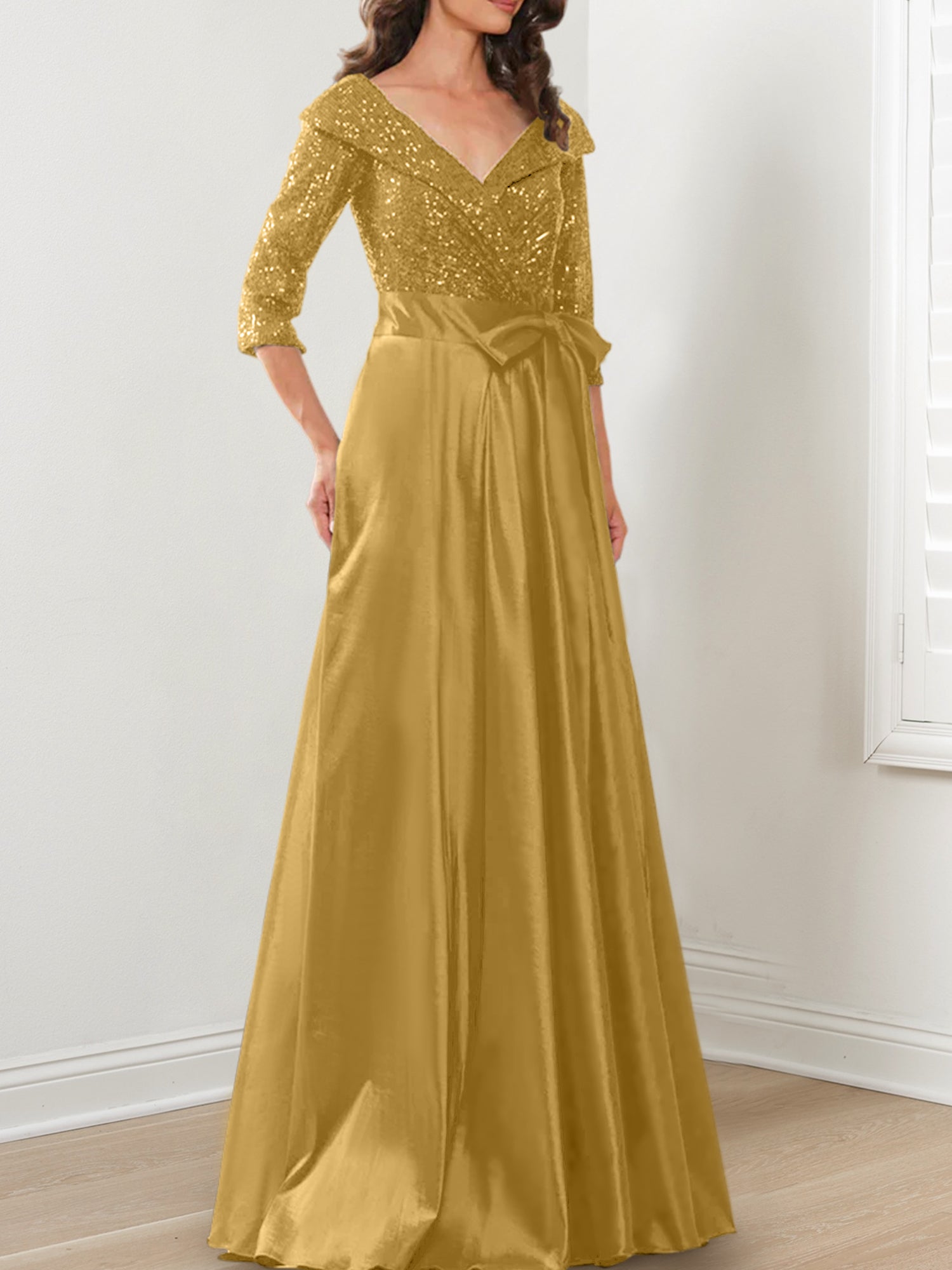 Vestidos de madre de la novia de corte A/princesa, escote en V y largo hasta el suelo