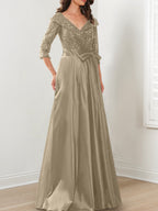 Vestidos de madre de la novia de corte A/princesa, escote en V y largo hasta el suelo