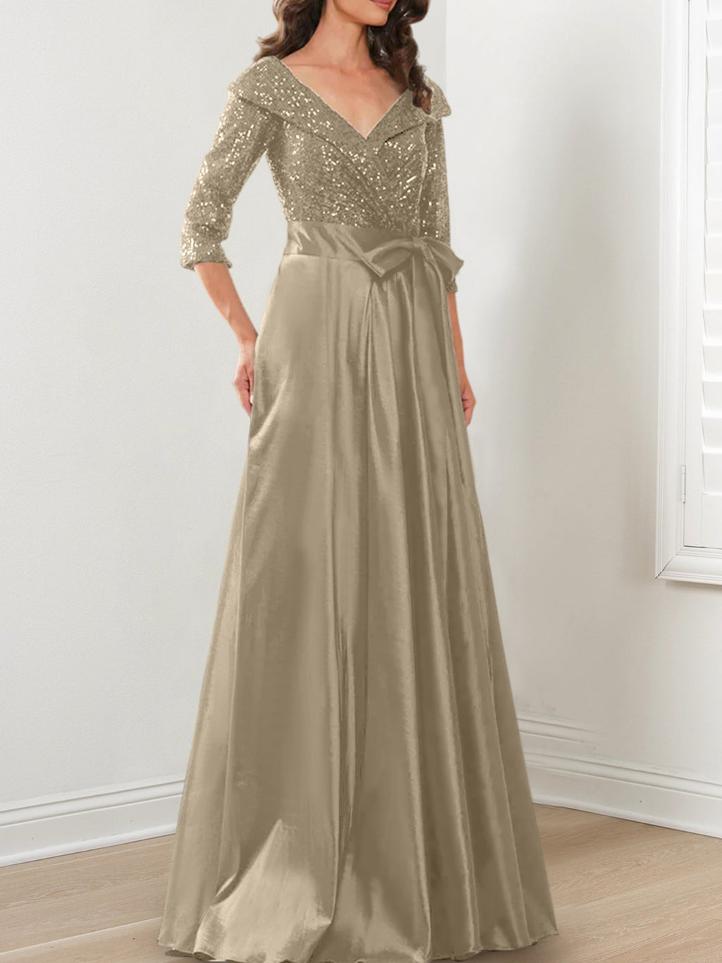 Vestidos de madre de la novia de corte A/princesa, escote en V y largo hasta el suelo
