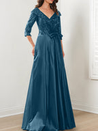 Vestidos de madre de la novia de corte A/princesa, escote en V y largo hasta el suelo