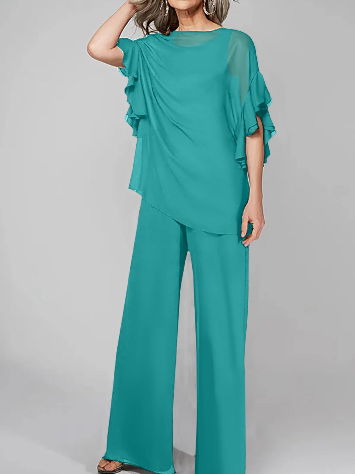 Jumpsuits Scoop Halbarm Chiffon Mutter der Braut Hosenanzüge 