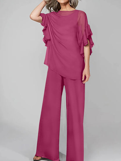 Jumpsuits Scoop Halbarm Chiffon Mutter der Braut Hosenanzüge 