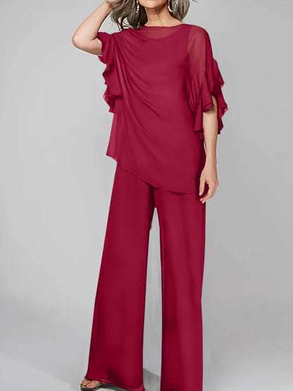 Jumpsuits Scoop Halbarm Chiffon Mutter der Braut Hosenanzüge 