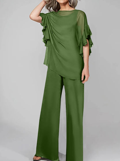Jumpsuits Scoop Halbarm Chiffon Mutter der Braut Hosenanzüge 