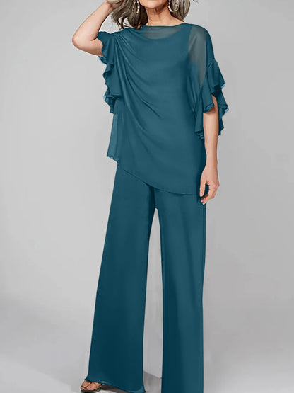 Jumpsuits Scoop Halbarm Chiffon Mutter der Braut Hosenanzüge 