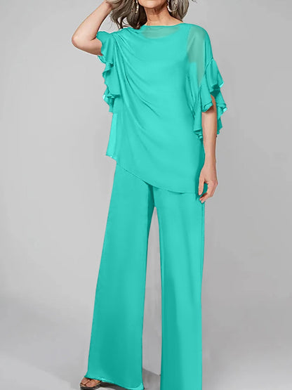 Jumpsuits Scoop Halbarm Chiffon Mutter der Braut Hosenanzüge 